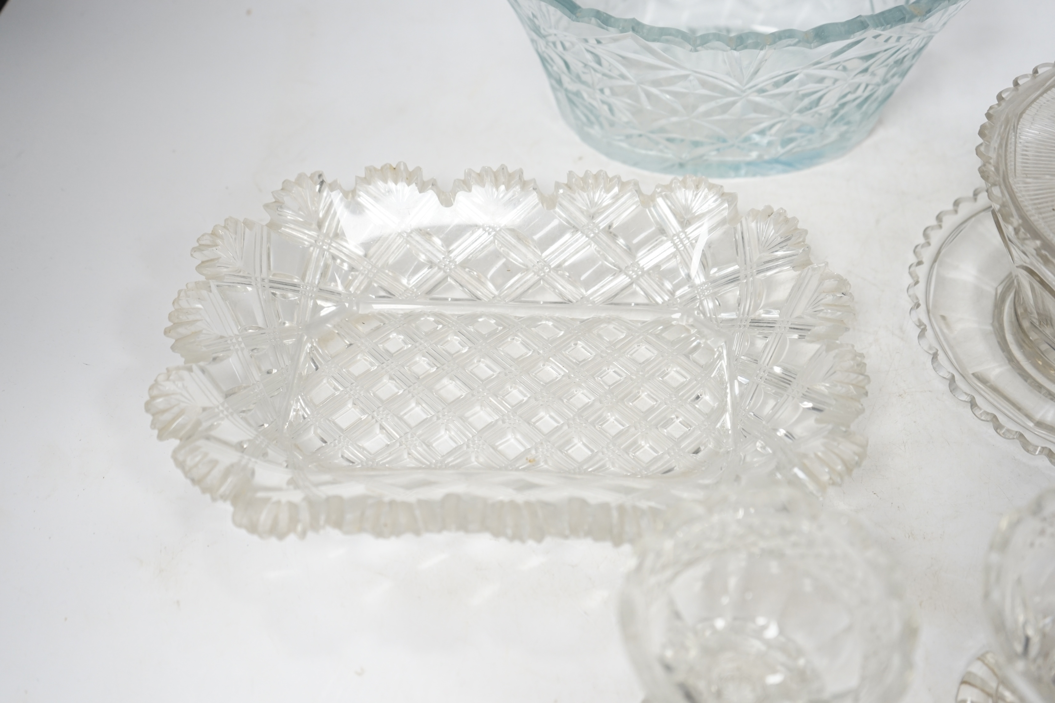 Six pieces of 19th century cut glass including a bon bon dish and a pair of glasses, largest 23cm. Condition - poor to fair, some chips